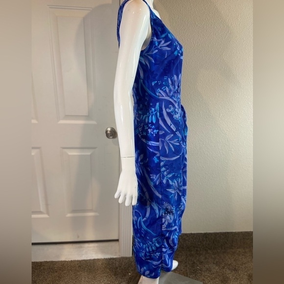 Expressions~Tropical Blue Faux Wrap Midi Dress~Scoop Neck~Sleeveless~Size 10 - Picture 9 of 16